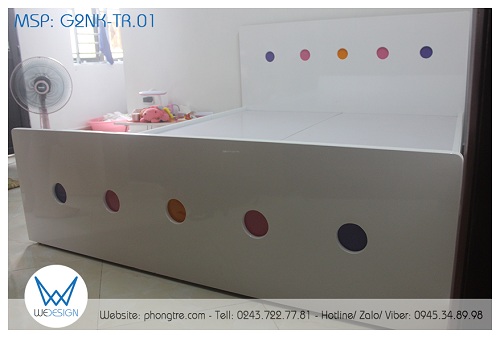 Giường 2 ngăn kéo màu trắng trang trí hình tròn sắc màu