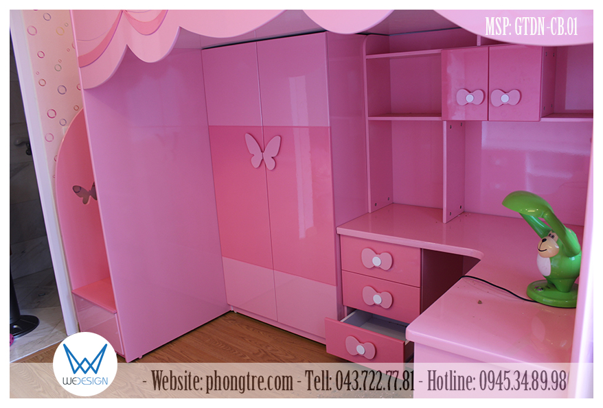 Giường tầng đa năng trang trí cánh bướm màu hồng