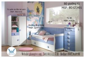 Giường tầng thấp và tủ phòng bé gái trang trí hoa xanh