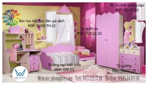 Phòng ngủ bé gái điệu đà với đường cong màu tím trắng
