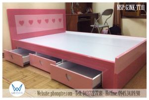 Giường 3 ngăn kéo trang trí trái tim màu hồng