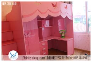 Giường tầng đa năng trang trí cánh bướm màu hồng