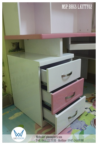 Tủ đồ 3 ngăn kéo dưới bàn học góc chữ L liền giá sách Hello Kitty MSP: BHGS-L.KITTY02