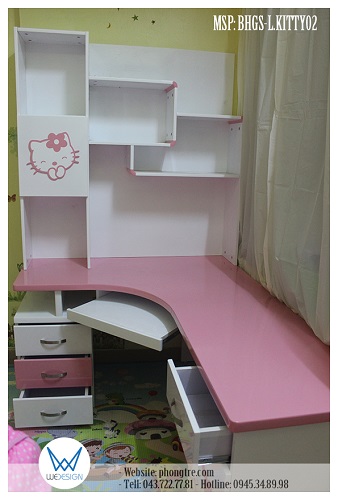 Kết cấu bàn học góc liền giá sách góc cong zig zag Hello Kitty MSP: BHGS-L.KITTY02