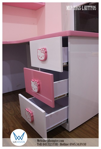 Tủ đồ 3 ngăn kéo sử dụng ray bi 3 tầng, tay nắm tủ hình Hello Kitty đeo nơ