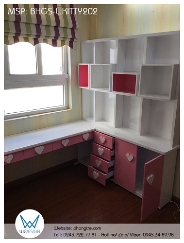 Kết cấu bàn học đôi đặt góc liền tủ sách Hello Kitty BHGS-L.KITTY202
