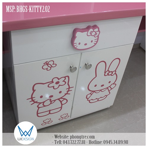 Chi tiết trang trí tủ đồ 1 ngăn kéo có tay nắm Hello Kitty đeo nơ - 2 cánh tủ trang trí Mèo Hello Kitty dạo chơi vườn hoa cùng Thỏ Melody