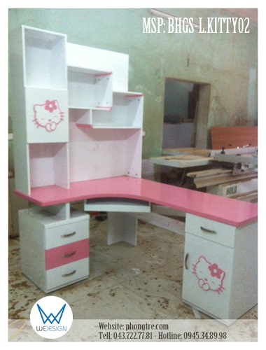 Bàn học góc chữ L Hello Kitty MSP: BHGS-L.KITTY02 có mặt bàn màu hồng