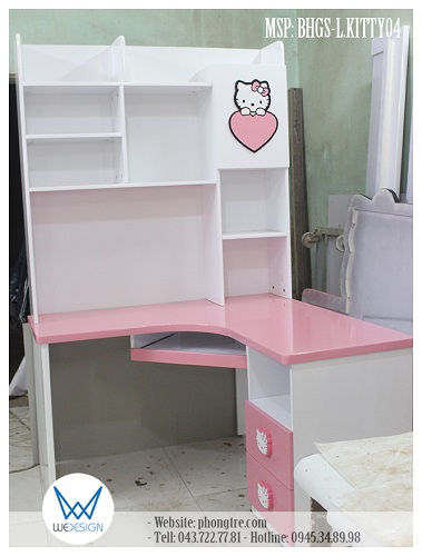 Mẫu bàn học góc liền giá sách trang trí Hello Kitty ôm trái tim yêu thương MSP: BHGS-L.KITTY04