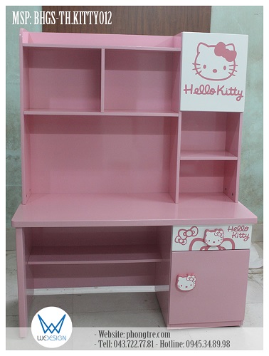 Bàn học tiểu học liền giá sách Hello Kitty và nơ xinh MSP: BHGS-TH.KITTY012 sắc màu trắng, hồng dễ thương