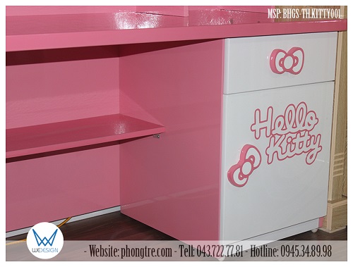 Tủ đồ 1 cánh - 1 ngăn kéo dưới mặt bàn trang trí bộ chữ Hello Kitty và tay nắm hình nơ Mèo Kitty