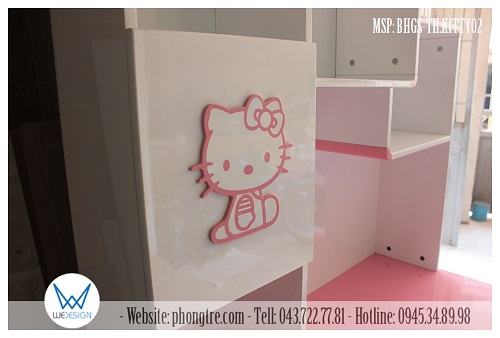 Kệ sách có hộc góc cong nối zig zag cùng hộc đứng 3 khoang có cánh tủ trang trí Hello Kitty dễ thương