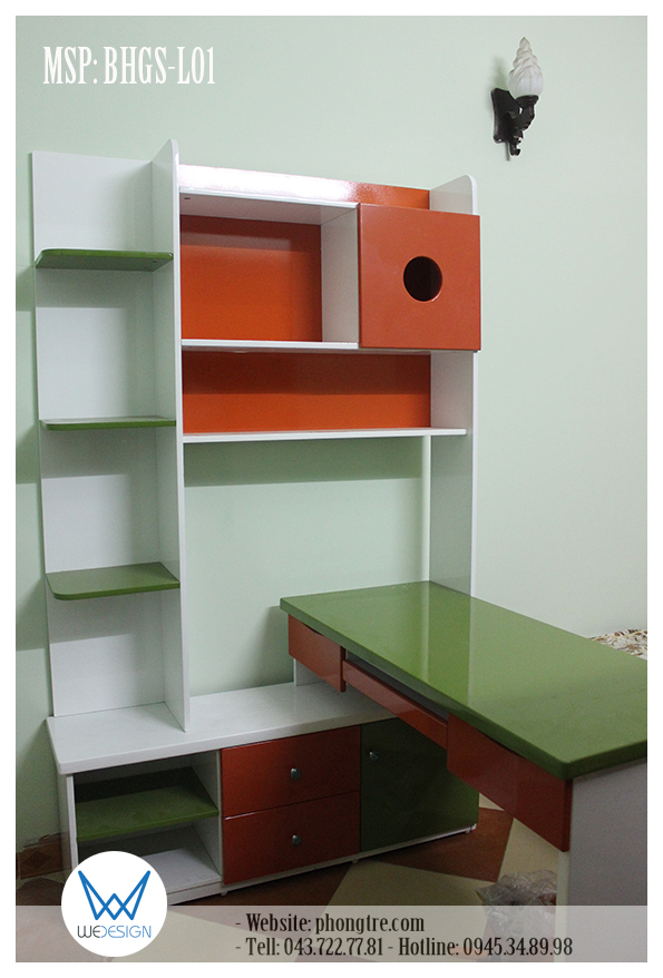 Bàn học góc liền tủ sách MSP: BHGS-L01, bàn học góc có thể đặt ở giữa phòng