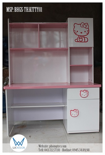 Bàn học tiểu học liền giá sách trang trí Mèo Hello Kitty MSP: BHGS-TH.KITTY01 màu trắng - hồng