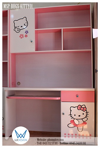 Mẫu bàn học Hello Kitty liền giá sách MSP: BHGS-KITTY01