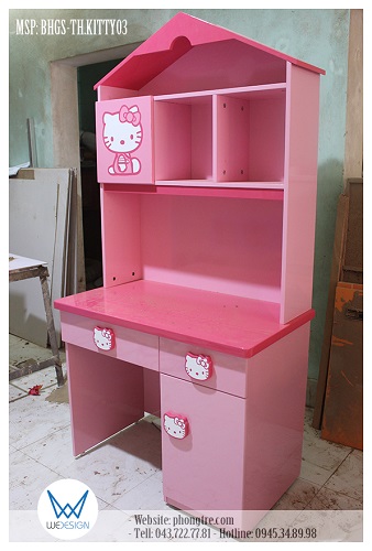 Bàn học liền giá sách ngôi nhà Hello Kitty màu hồng rộng 90cm cao 1m75, sâu bàn 50cm