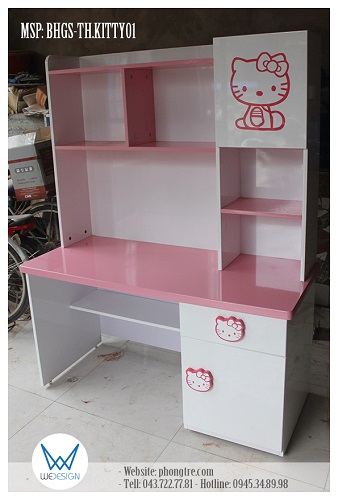 Bàn học Hello Kitty liền giá sách MSP: BHGS-TH.01 được làm theo kích thước dành cho bé gái học tiểu học