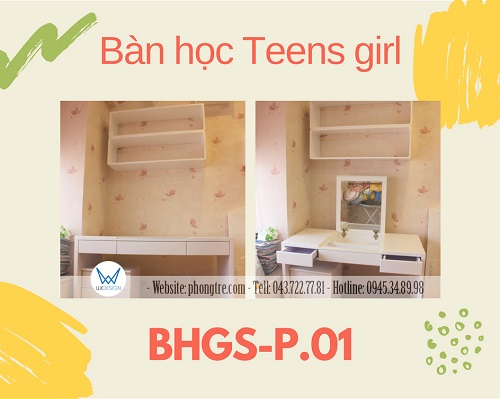Bàn học kết hợp bàn học trang điểm MSP: BHGS-P.01 màu trắng dành cho Teens girl