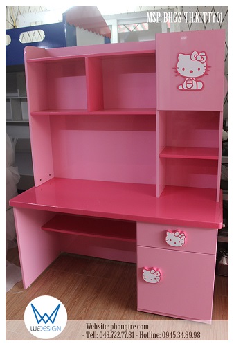 Bàn học tiểu học liền giá sách liền giá sách trang trí Hello Kitty MSP: BHGS-TH.KITTY01 phiên bản màu hồng