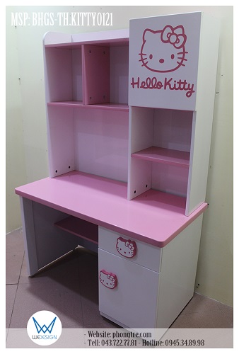 Mẫu thiết kế bàn học tiểu học liền giá sách trang trí Hello Kitty đeo nơ MSP: BHGS-TH.KITTY0121 với 2 sắc màu trắng hồng dễ thương dành cho bé gái