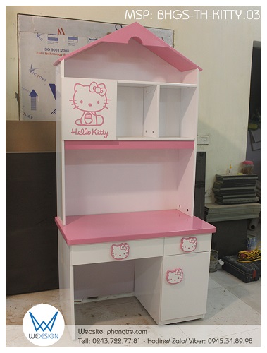 Bàn học tiểu học liền giá sách ngôi nhà Hello Kitty BHGS-TH.KITTY03 màu trắng hồng