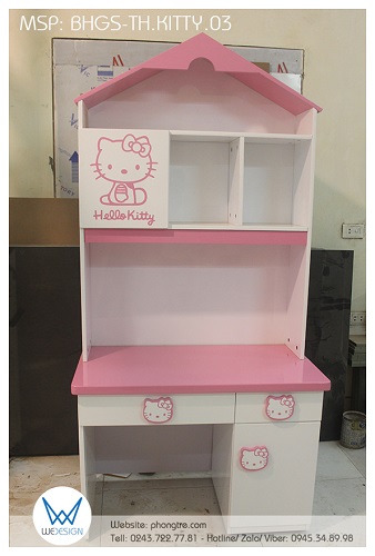 Bàn học tiểu học liền giá sách ngôi nhà Hello Kitty BHGS-TH.KITTY03 phối màu trắng hồng dễ thương