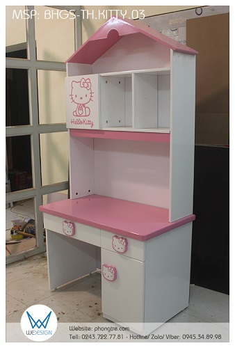 Kích thước thiết kế bàn học tiểu học ngôi nhà Hello Kitty BHGS-TH.KITTY03 dành cho bé gái vào lớp 1 sử dụng trong 5 năm cấp I