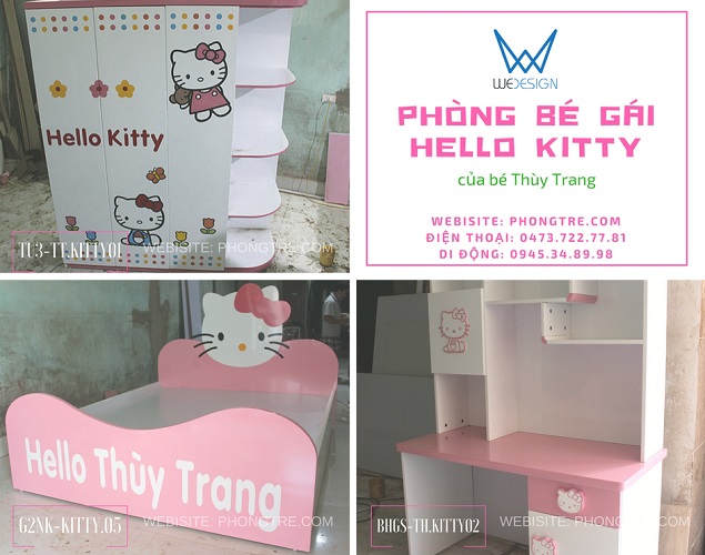 Bộ nội thất Hello Kitty 3 món tủ quần áo liền kệ sách - giường 2 ngăn kéo - bàn học tiểu học liền giá sách của bé Thùy Trang