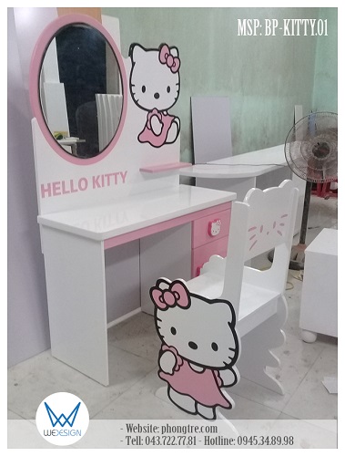 Bộ bàn ghế trang điểm trang trí Hello Kitty mặc váy đầm màu hồng dễ thương MSP: BP-KITTY.01