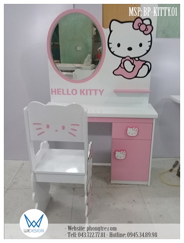 Bộ bàn ghế trang điểm Hello Kitty sắc màu hồng phấn và trắng dịu nhẹ