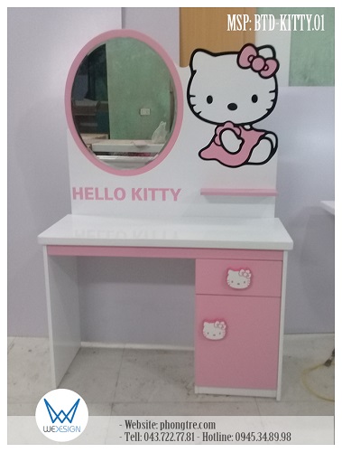 Bàn trang điểm Hello Kitty đeo nơ mặc váy đầm màu hồng MSP: BTD-KITTY.01 rộng 1m