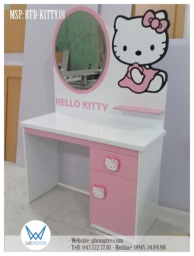Bàn trang điểm liền gương trang trí Hello Kitty mặc váy đầm tay bồng màu hồng MSP: BTD-KITTY.01