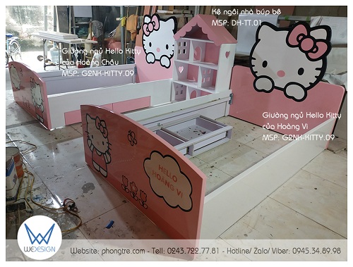 Kết cấu khung giường ngủ Hello Kitty 1m2 có 2 ngăn kéo G2NK-KITTY.09 của Wedesign