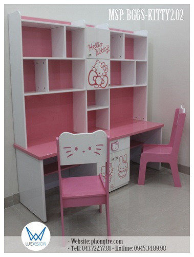 Bộ bàn ghế đôi Hello Kitty BGGS-KITTY2.02 trang trí nhiều hình Hello Kitty dễ thương cùng với sự phối màu cân bằng của màu trắng và hồng tạo góc học tập tươi sáng cho 2 bé gái 