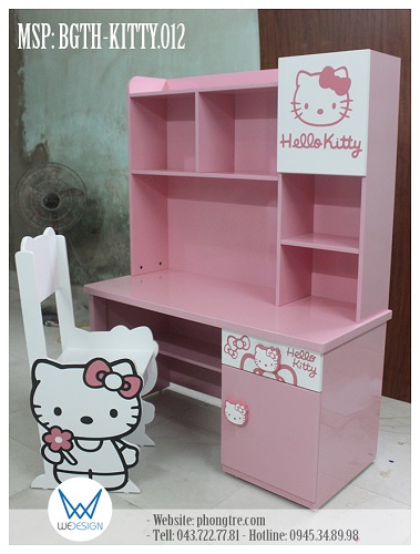 Màu hồng phấn là màu sắc chủ đạo, phối cùng màu trắng tạo nền và màu hồng đậm, màu đen là màu tạo hình trong trang trí chủ đề Hello Kitty và nơ xinh cho mẫu thiết kế bàn ghế tiểu học Hello Kitty BGTH-KITTY.012
