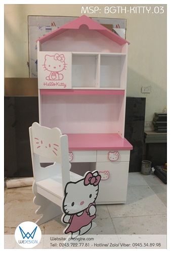 Bộ bàn ghế tiểu học ngôi nhà Hello Kitty màu trắng hồng BGTH-KITTY.03