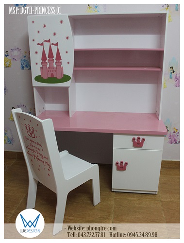 Bộ bàn ghế học sinh tiểu học có giá sách trang trí chủ đề công chúa MSP: BGTH-PRINCESS.01