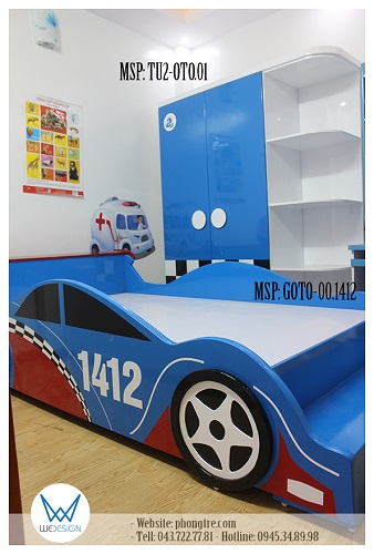 Bộ giường - tủ dành cho phòng ngủ trang trí chủ đề ô tô đua của bé Quân