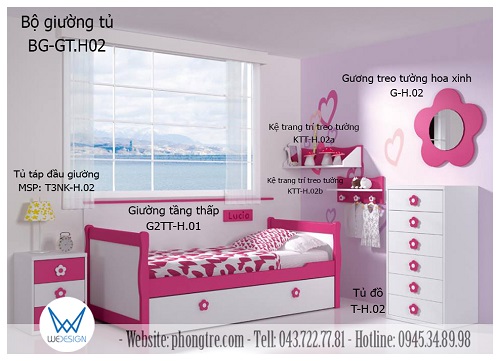 Bộ giường tầng thấp và tủ trang trí hoa 5 cánh màu hồng