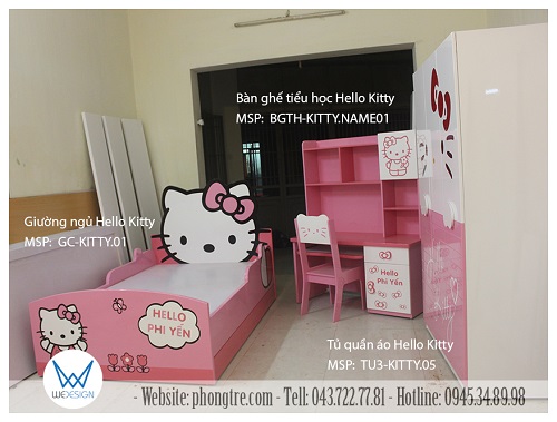 Bộ nội thất phòng ngủ Hello Kitty của bé Phi Yến được sản xuất và lắp đặt mẫu tại xưởng của Wedesign