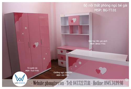 Bộ nội thất phòng ngủ bé gái dễ thương trang trí trái tim MSP: BG-TT.01 do Wedesign sản xuất