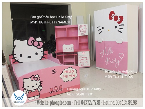 Bộ nội thất Hello Kitty của bé Phi Yến gồm 3 món nội thất - Giường Hello Kitty có thành chắn, Tủ quần áo Hello Kitty và bộ bàn ghế tiểu học Hello Kitty 