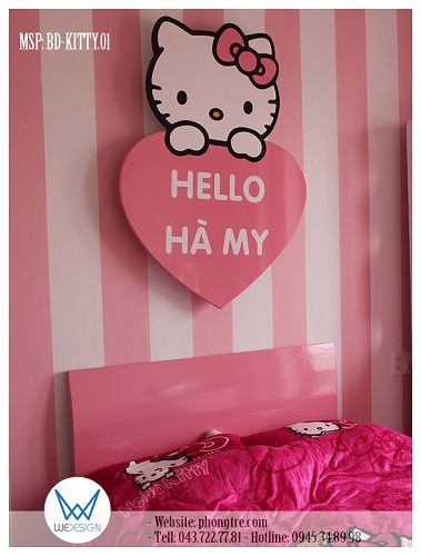 Backdrop Hello Kitty MSP: BD-KITTY.01 tạo hình Mèo Kitty ôm trái tim có tên bé