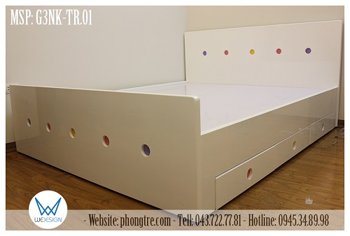 Giường 3 ngăn kéo màu trắng trang trí chấm tròn sắc màu MSP: G3NK-TR.01