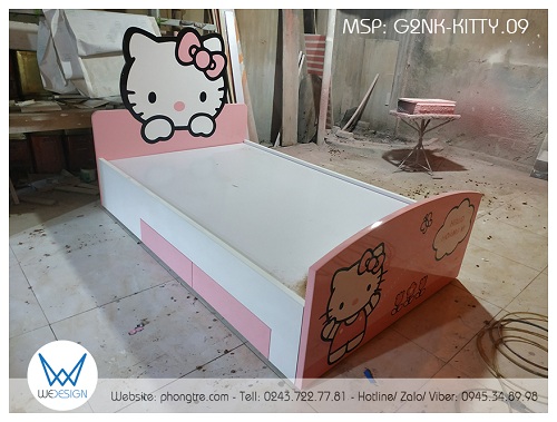 Mẫu thiết kế giường ngủ 1m2 Hello Kitty có 2 ngăn kéo G2NK-KITTY.09