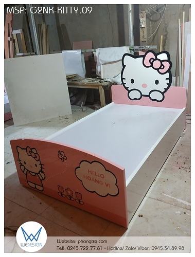 Giường 2 ngăn kéo Hello Kitty kích thước 1m2 G2NK-KITTY.09 sử dụng dát phản nguyên tấm gỗ MDF dày 1.5cm, tráng Melamine 