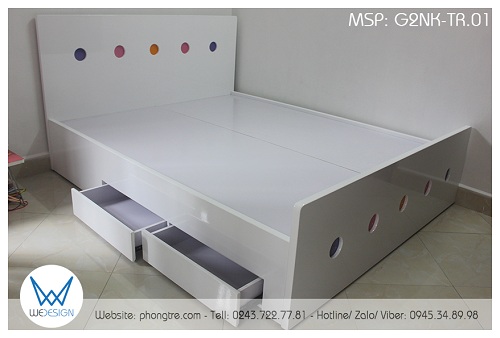 Giường 2 ngăn kéo màu trắng trang trí hình tròn sắc màu