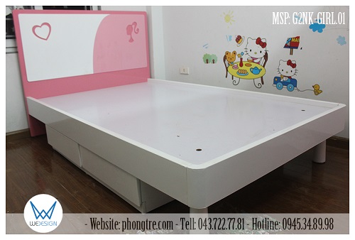 Giường 2 ngăn kéo trang trí bé gái và trái tim MSP: G2NK-GIRL.01 màu trắng, hồng