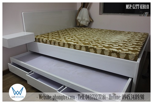 Mẫu giường 2 tầng thấp MSP: G2TT-KHO.01 màu trắng có tủ kho 3 khoang