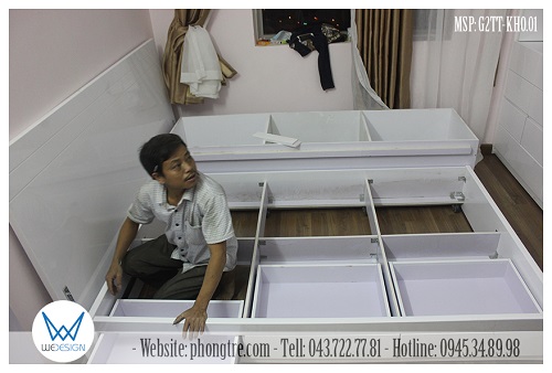 Kết cấu giường tầng thấp 1m8 có tủ để kho 3 khoang MSP: G2TT-KHO.01 đặt áp tường